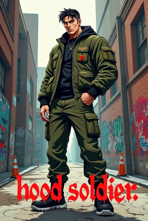 Anime graffiti style man wearing millitary clothes in the street with tekst on the bottom of the image Hood Soldier