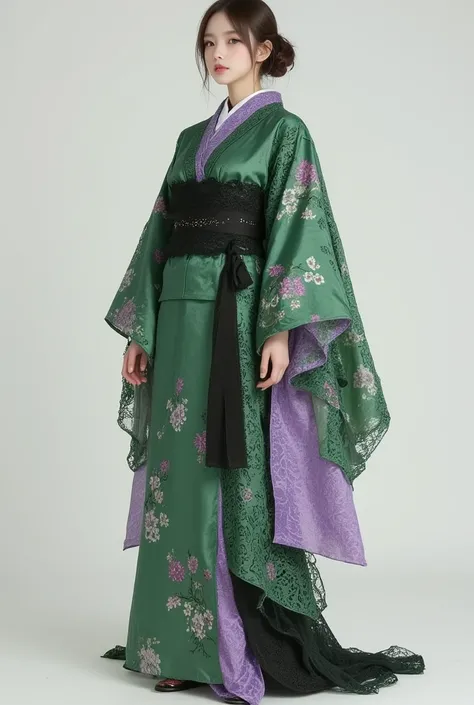 A asian woman in a green and purple loose kimono, solo, short sleeves, standing, full body, japanese clothes, wide sleeves, black sash,  floral print, tabi, haori made of a detailed victorian lace , 