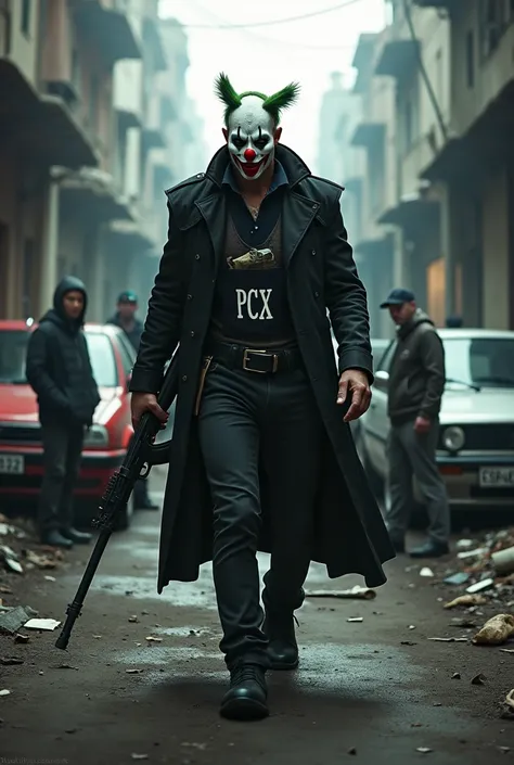  Create a guy in a black vest with money in a pocket and written: pcx in the middle of the vest .  a rifle in his hand ,  a clown mask , in a slum,  with 5 people , Its 3 cars .