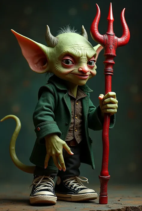 Cursed Irish goblin with converse sneakers and red leather trident with tail and horns