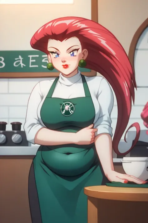 PMJessie,  Close up face, insecure, calm, red hair, long hair, blue eyes, lipstick, earrings, breasts, wear a tight black barista apron and white blouse, in a cafeteria stand behind the ((counter)) , tall height, plump belly, incoming kiss, red hair, fair ...