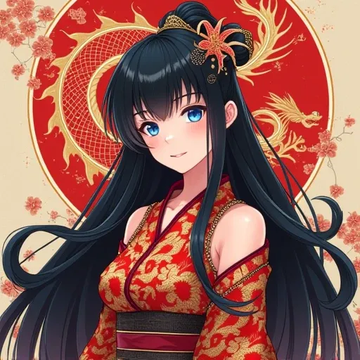  girl,miss grand,Design ,Alone, Long hair, Black hair,  blue eyes ,  Red Dragon Pattern Anime Dress,  Details,  High details, quality,  boobs, smile,  blue eyes , Anime, Ukiyo-e paintings,  Impressive cult, Decorative Arts, 3D rendering, 