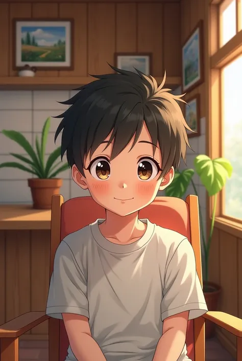 A  boy  waring a t-shirt sitting on a chair inside a wooden house make it in anime style show picture from near face Angle