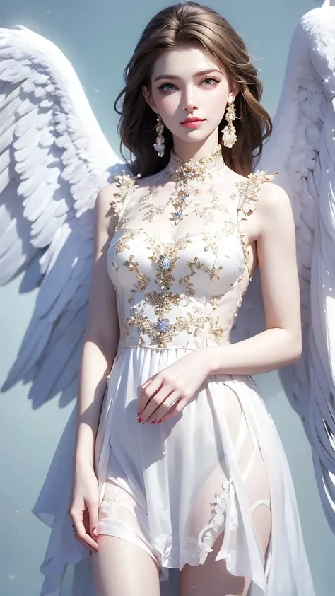  high resolution,  Alina , masterpiece,   Ultra HD ,   Ultra HD , hyper-realistic, [3d, animation, illustration,  solo ,  Twenty Years Old Very Beautiful Cute Woman ,  She wears a light white floral mini skirt length dress, and fanned wings ,  Her hair in ...