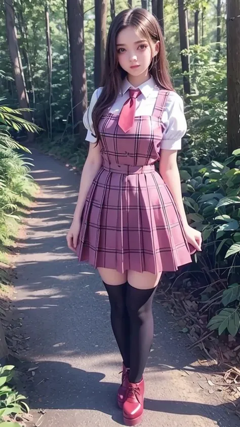  full body  , fitted figure , cute beautiful schoogirl,  beautiful cute teen face with big lips ,  High Waisted silk sexy  plaid pleated  pinafore dress,  silk blouse short  puffy sleeves, red tie , brunette long hair,  Beautiful eyes. stockings,   thick p...