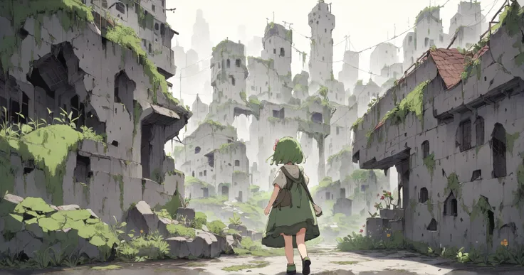 A young girl walks through a ruined city　 moss and plants on the building　A little flower under your feet 