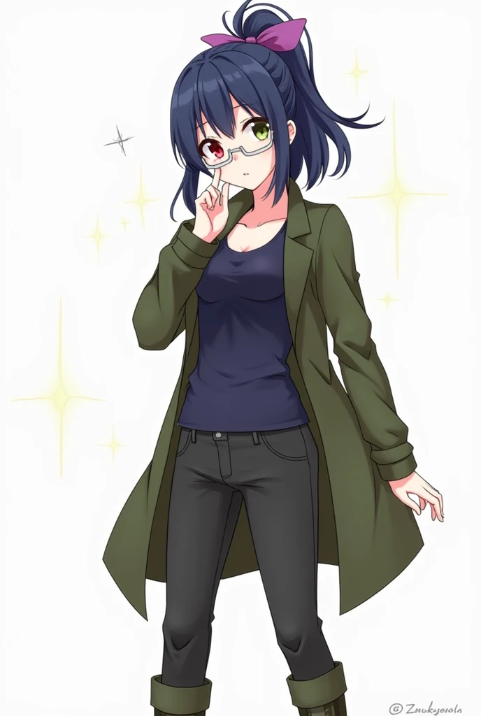  Dark Blue Ponytail with Purple Bow、 Different Color Eyes  （Left red、Right olive green） 、 Silver Frame Glasses 、whole body義肢、 Dark Blue Tank-Top、Army Green Coat 、 black trousers 、Khaki Army Boots 、whole body、 character design 、 Anime Style、 high resolution