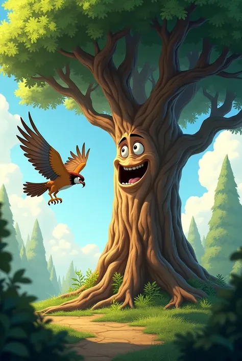 A falcon and a talking tree animated cartoon more realistic but let the tree be just a tree that doesnt have any falcon face