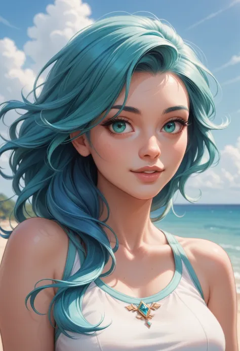  a close up of a woman with blue hair and a white top, a pastel inspired by Ross Tran, tumblr, digital art, teal hair, girl with blue hair, pretty girl with blue hair, turquoise hair, beautiful blue haired girl, with long turquoise hair, long cyan hair, sk...