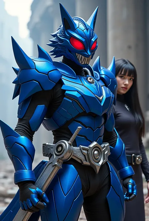 Kamen rider taiga with wolf armor suit blue and holding rising sword on his arm and show a girl with black long hair on behind him