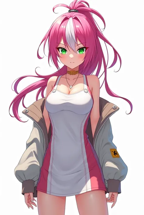 • Age: 26

• Height: 511
Weight: 70kg
• Hair: Ponytail-style long pink and white hair

• Eyes: Bright green

• Skin: Fair

Girl , anime, no realistic, full body, front view, back view , attitude face