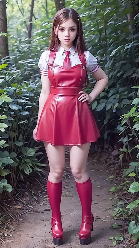  full body  , fitted figure , cute beautiful schoogirl,  beautiful cute teen faces with big lips ,  red sexy  leather skater  pinafore dress,  blouse short  puffy sleeves ,  red leather short  skater skirt, red tie , brunette long hair,  Beautiful eyes. st...