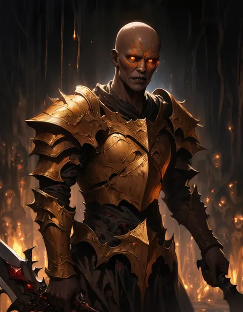 (dark fantasy), horror art, gloomy demon man, brown skin, many orange scars, orange eyes, glowing eyes, gold coned helmet, bald, rusty plate armor, holds broadsword, (dark lighting), shadows, cold lights, highly detailed