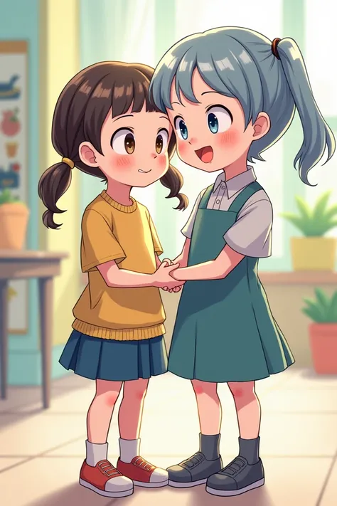  Miya with pigtails one ,  was a cheerful girl and full of crazy ideas . While ica , with short hair ,  was always organized and wise .  They are like two different poles , but their friendship is very strong .