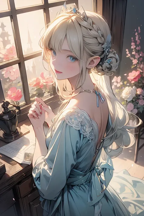 (masterpiece),  best quality by the window,  Very Detailed , illustration, Detailed light,  Very Delicate and Beautiful Elf Girl,  dark blue eyes , Bright smile, (In front), (Face focus),  Hand together ,  Blossoming Hanging Garden ,  Petals Dance , (Good ...