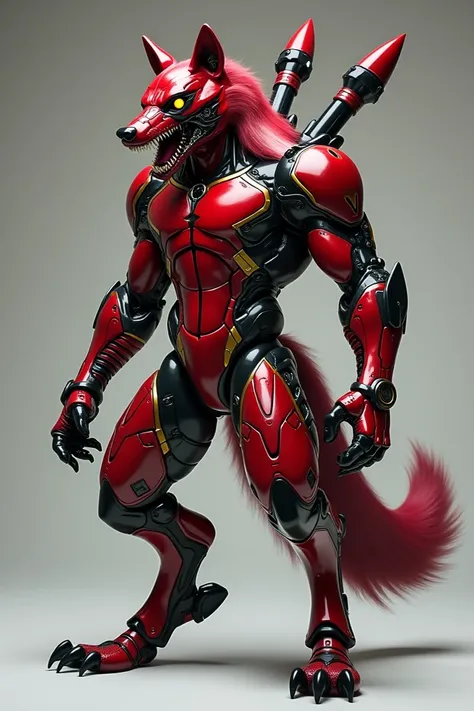 Imagine a hybrid animal, part wolf and part chimera, with a design inspired by Deadpool and Iron Man. Its body is sleek and metallic, painted in red and black, with golden accents from Iron Mans armor. The creature has a mask-like face resembling Deadpools...