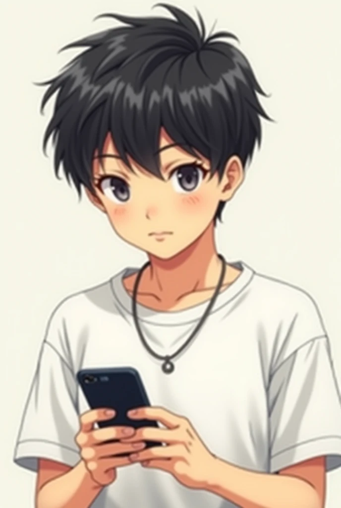 A  boy  waring a t-shirt  and neclees in neck  while using  mobile  for call make it in anime style show picture from near  straight face Angle