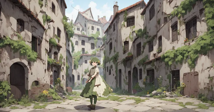 A young girl walks through a ruined city　 moss and plants on the building　A little flower under your feet 　The person is facing forward