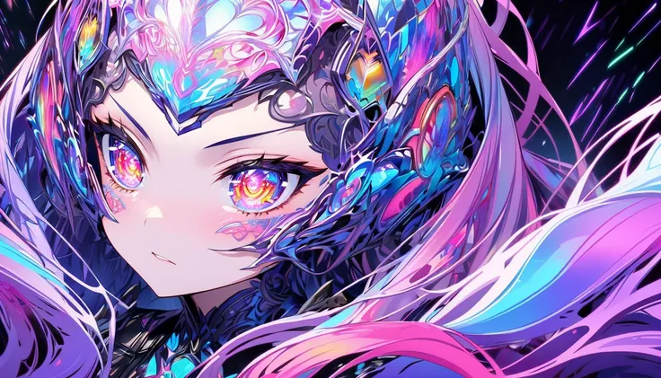 Close-up of a beautiful young woman who is a passionate gamer, depicted in a collectible anime figurine style. She has long, colorful gradient hair framing her face, with a focused and intense expression, as if deeply immersed in gaming. Her wide, sparklin...