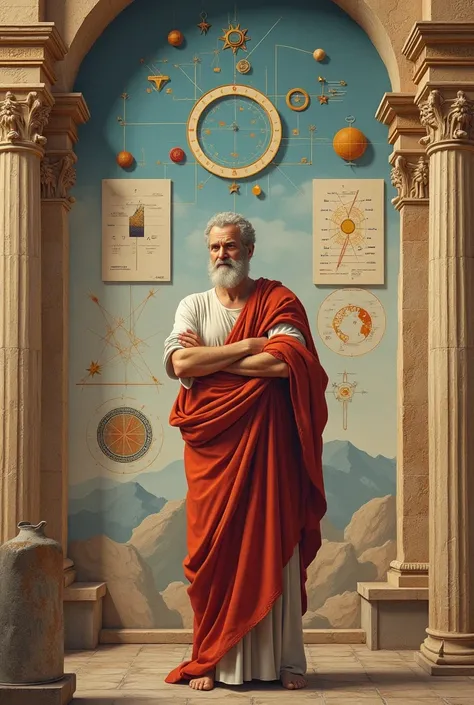 Graphic representation of Euclid on a mural showing his work "Elements"