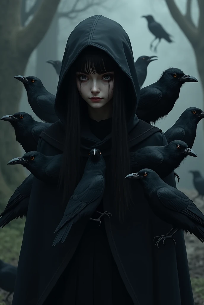 picture of a dark hair girl surrounded by crows
more beautiful
more smaller crows and dark light
dark light, i dont want the girls face to be seen clearly, the crows are more important
make DARK light and the girl could wear a cape that covers her head too...