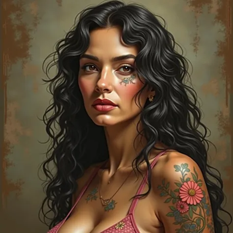 An ancient Colombian 60 year old beauty, charming temperament, flowing long curly hair  clear face, beautiful eyes, osmanthus surrounding, perfect body large breasts structure proportional masterpiece, super detailed, epic composition, color tattoo art, ne...