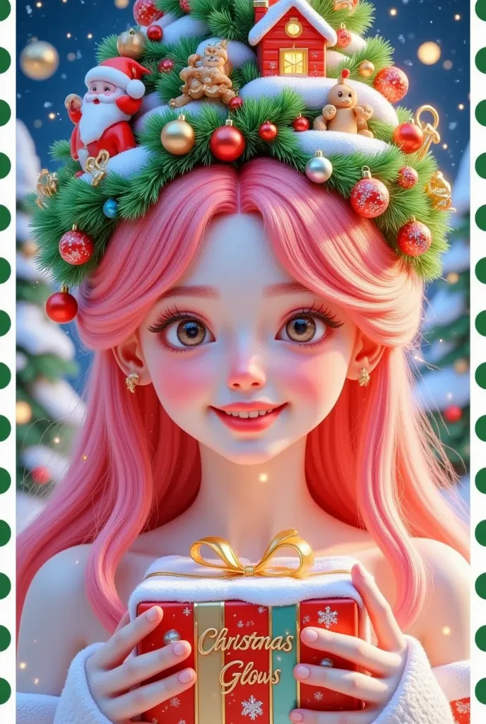 stamps： a beautiful girl with pink hair is holding a beautiful gift before a christmas letter ，(((the box says christmas glows )...