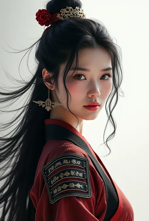 1 girl, woman, handsome, ink, Chinese armor, ((2.5D)), black hair, floating hair, delicate eyes, black and red antique damask Hanfu, fov, (f1.8), (masterpiece), (portrait shot), front shot, white background, (movie poster)