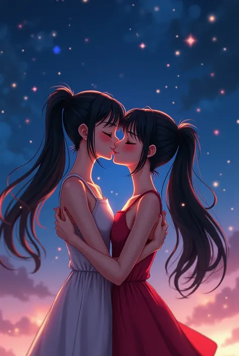 under the starry sky，Two girls kiss sweetly，Fusion Animation，Kiss together in the starry sky，Lips meet。Girl in black double ponytail and girl in red ****ta，Detailed animation styles，Realistic photos are realistic，masterpiece of best quality，Delicate and be...