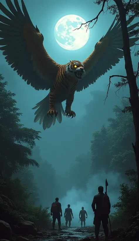 "In a dark jungle, under the eerie glow of moonlight, a hybrid tiger-eagle creature is in mid-flight. Its body is muscular and striped like a tiger’s, with massive, feathered eagle wings spanning wide. Its front paws are sharp talons, and it has a hooked b...