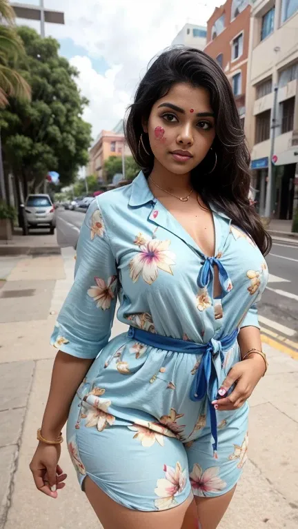 Tamil girl, wearing Fashion Nova Island Hopper Front Tie Floral Tropical Print Romper Size ,  on street, American ai model, big breast, big Hip,sexy figure, curvy figure , no extra hand, no extra leg, perfect body, perfect picture, beautiful picture, hd pi...