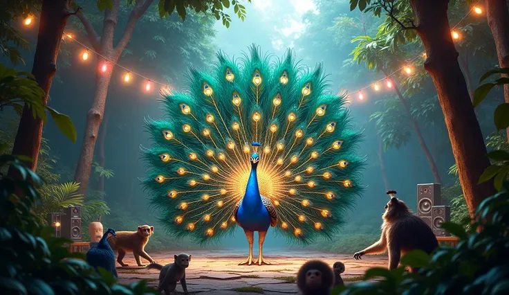 A majestic peacock standing in the center of the jungle clearing with its feathers fully displayed, glowing in vivid colors as animals cheer around it. Strings of lights and music speakers add to the festive feel