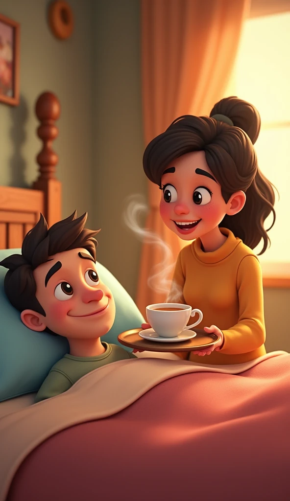 A very clear ultra HD image of "The same woman is now standing beside a bedside table, holding a tray with a steaming cup of tea. Her expression is kind and encouraging as she speaks to her husband, who is still lying in bed with a sleepy face. The room ma...