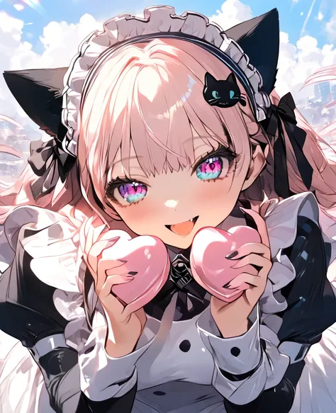  girl with black cat ears and maid clothes　 making hearts with their hands 　 from above