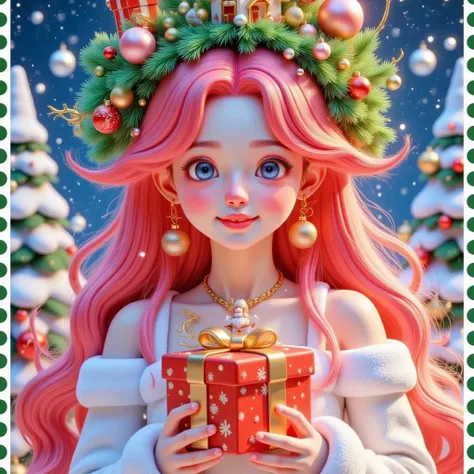 stamps： a beautiful girl with pink hair is holding a beautiful gift before a christmas letter ，(((the box says christmas glows )...