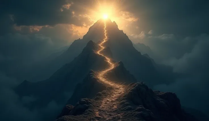 Divine light on the top of a mountain ,  with a narrow path surrounded by darkness