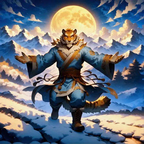 character focus, full body, looking away, various angle, european fantasy, a muscular middle-aged tiger man, heroic costume clothes, robe, shirt, pants, boots, raise both hands, wolf howling moon, dynamic pose, BREAK complete anatomy, perfect proportions, ...