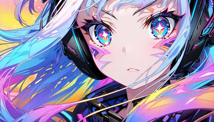 Close-up of a beautiful young woman who is a passionate gamer, depicted in a collectible anime figurine style. She has long, colorful gradient hair framing her face, with a focused and intense expression, as if deeply immersed in gaming. Her wide, sparklin...