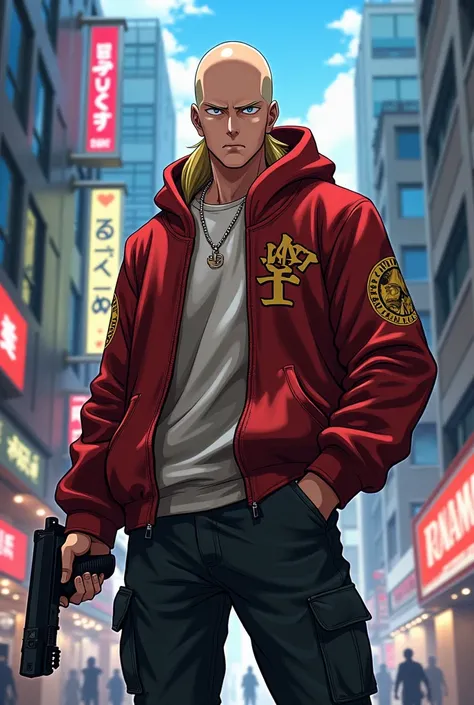  anime saitama , mullet hair , wearing hip hop hoodie , japan city , holding gun