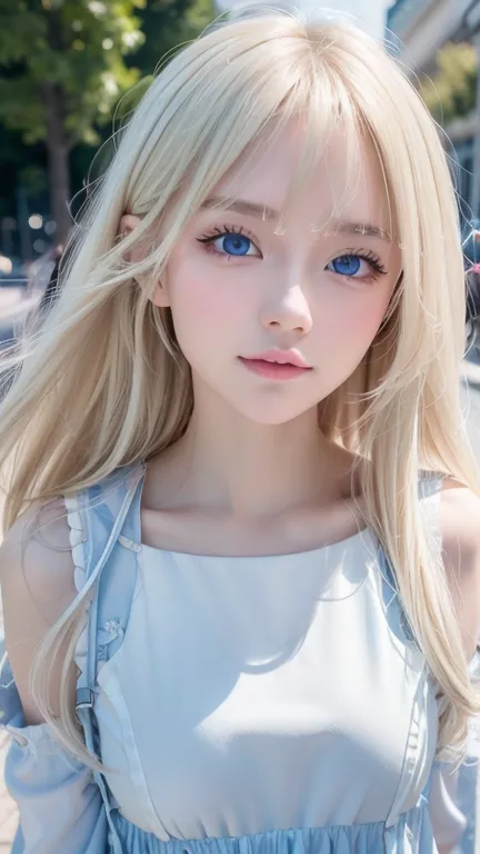 clear white glossy skin、 beautiful girl in the world 、face gloss、disturbing wind blonde in front of cute face、20 year old baby f...