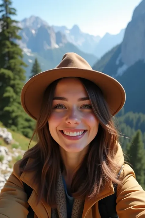  A beautiful young woman , european girl ,  takes a front-facing selfie ,  wearing jacket and hat ,  shoulder-length brown straight hair ,   smiling,  and behind her a beautiful mountain view,  tree- tree ,  and pine trees 