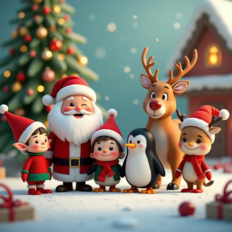 A realistic image of a cute little elf, alongside a christmas tree, santa claus, penguin, snowman and a reindeer, all are wearing a christmas cap , facing the camera, very christmasy and colourful