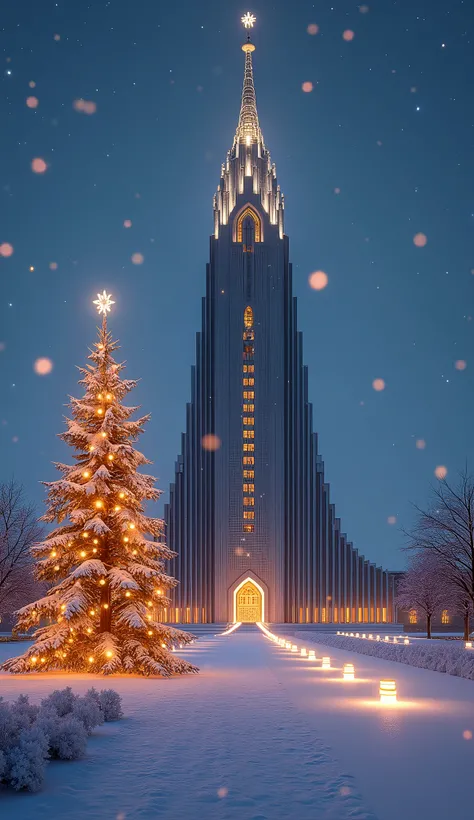 "An ultra-realistic Christmas version of Hallgrímskirkja in Reykjavik, Iceland, captured in a vertical 9:16 aspect ratio. The iconic church is illuminated with soft white and golden lights, emphasizing its unique, towering architecture against a clear, sta...