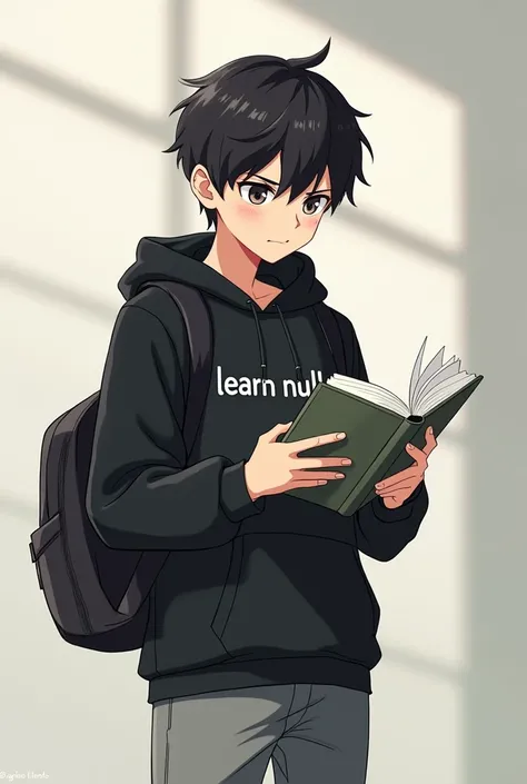 Create an image of a Anime boy wearing a black hoodie (write learn null in the middle part) grey pants always give tips about study (he is holding a book in his and looking at it)