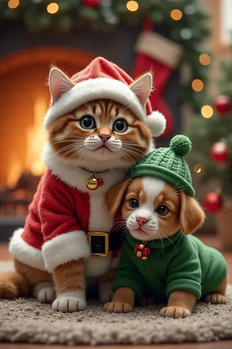 A cat in Santa Claus clothing with its puppies in green sick clothes 