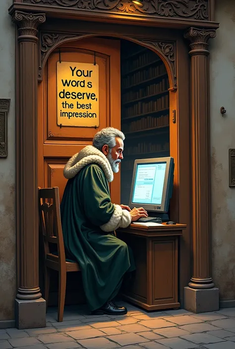  create an image in which a sign appears on the door of a printing house by Miguel de Cervantes writing on a state-of-the-art computer.  In addition to appearing above this poster , THE PHRASE: "your words deserve the best impression "