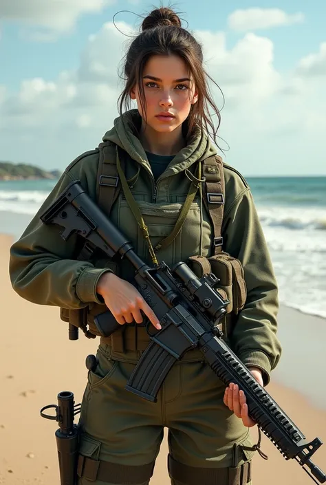 soldier girl with m46 rifle gun at the beach