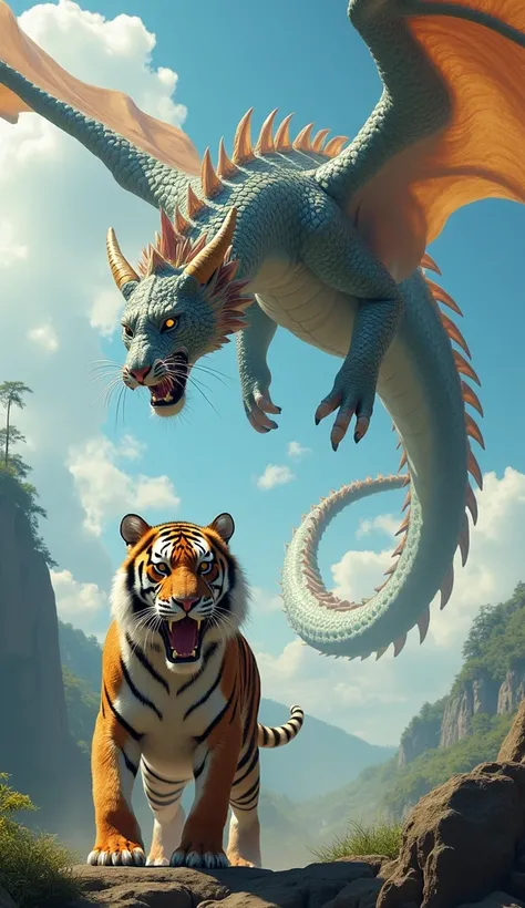 A dragon with shiny scales, sharp teeth, and bright eyes is flying in the sky, below is a tiger with a strong and brave body, the scene is 100% realistic.