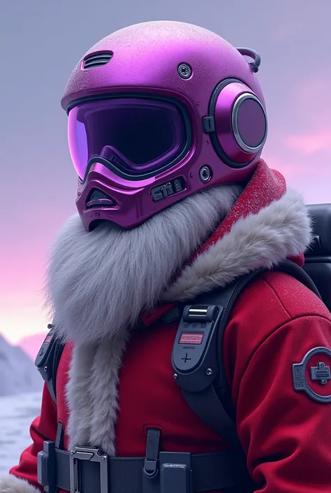 bottomless image of purple Santa wearing a helmet, goggles and safety gloves 