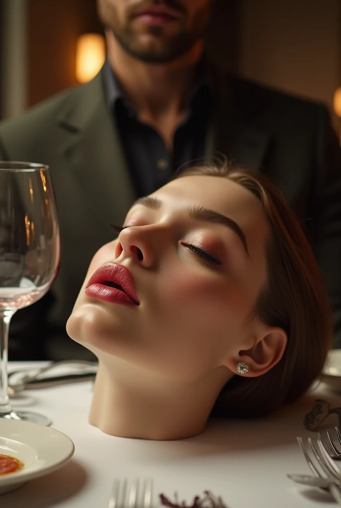  shows how much a beautiful real womans head has been amputated,   on the Table  ,Fine dining table , ((  eyes closed  )), Realistic, 4K, Nikon, , Public Market,  Natalie Portman ,リアルなnose孔と肌,細長いナッツ型のnose孔,beautiful detailed nose,Realisticな肌の質感,real skin, ...